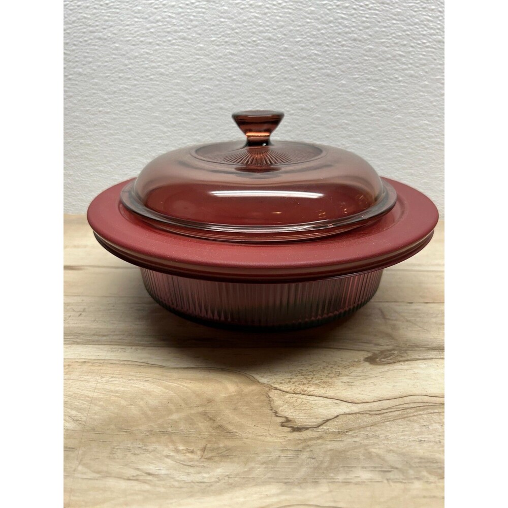 Vtg 1991 Pyrex Vision Cranberry Coning Cookware 1-Qt/L Round Casserole With Lids